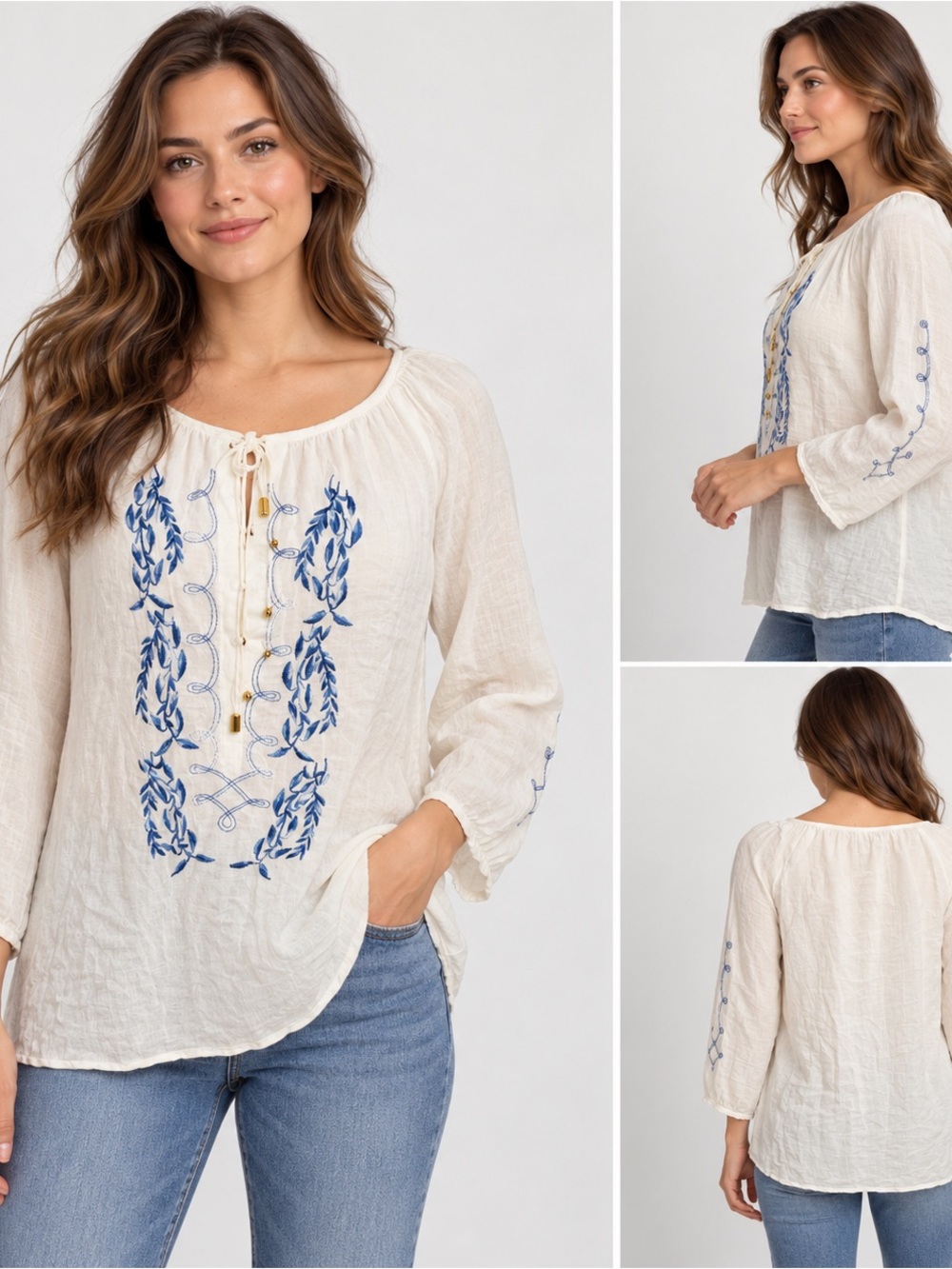 Coastal cowgirl Embroidered peasant blouse white blue boho tassel top